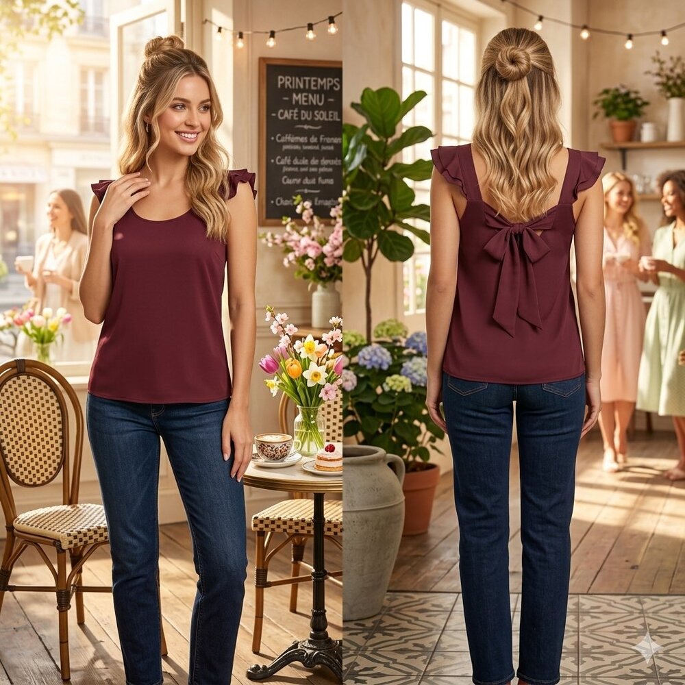 Burgundy Ruffle Sleeve Bow Back Blouse Feminine Romantic